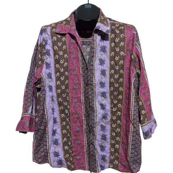 CJ Banks Tops - CJ BANKS Purple Brown Patchwork Striped Button Down Shirt Plus 2X